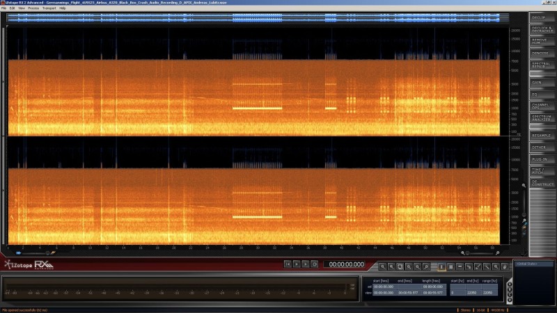 Spektrum-Analyse der veröffentlichten ersten Audio-Tonspur von “Germanwings Flight 4U9525 Airbus A320 Black Box Crash Audio Recording D APIX Andreas Lubitz” Screenshot